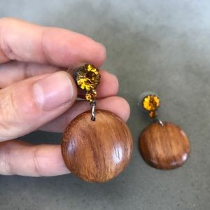 Hand Carved Wood & Swarovski Crystal Earrings